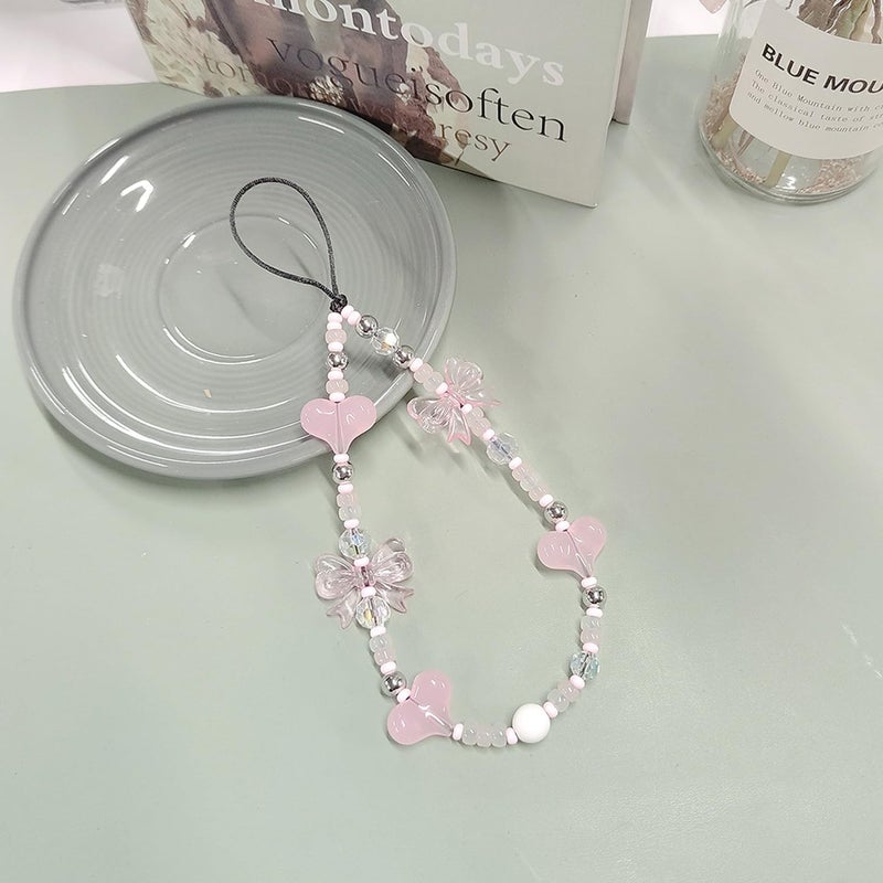 WCCH Beaded Phone Charm Y2K Kawaii Handmade Acrylic Phone Lanyard Wrist Strap for Camera Bag Airpods Keychain Charm Light Pink Heart and Bow - Image 4